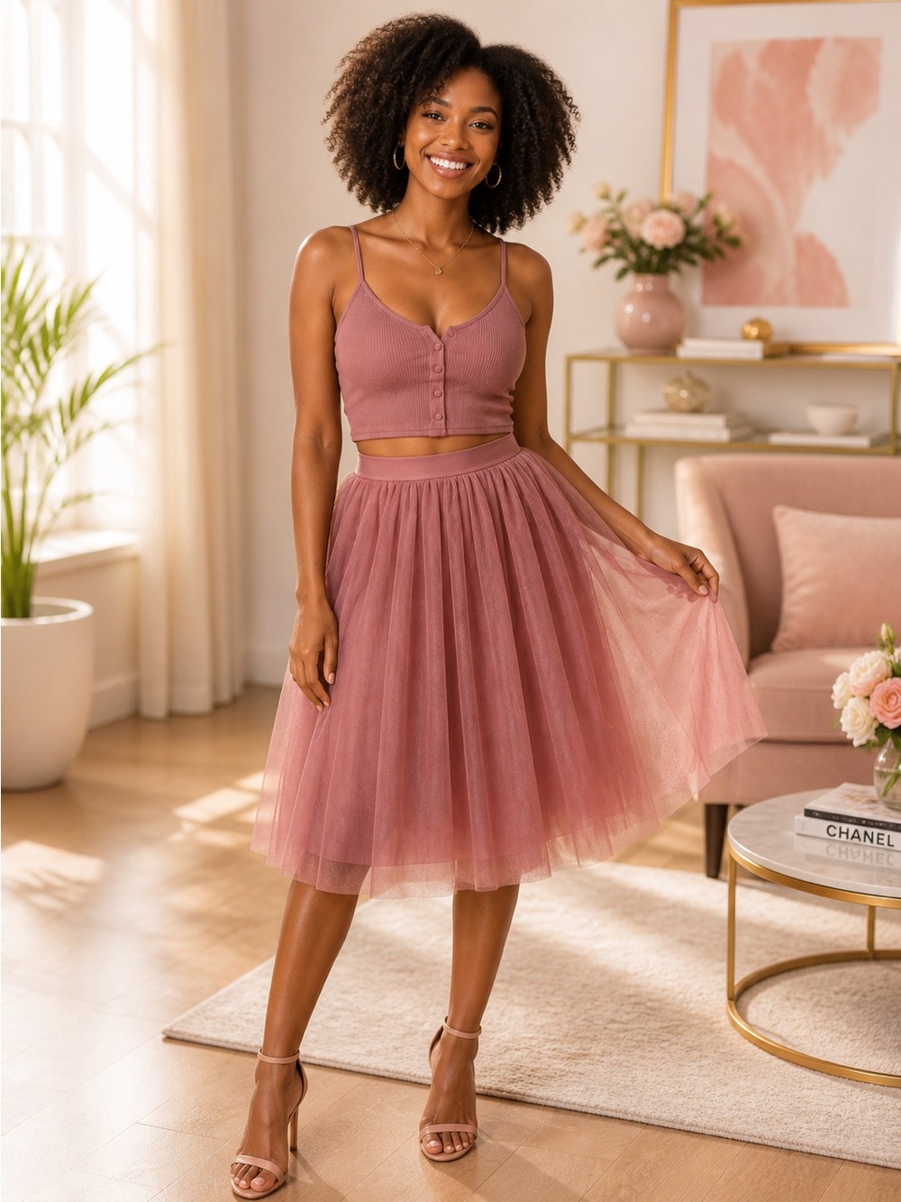 Haute Monde Pink Ruffled Skater Midi Skirt NWT
